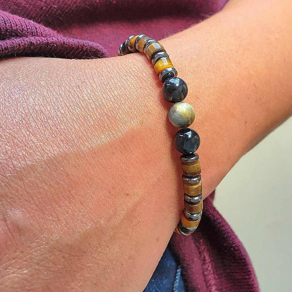 Blue-Brown Tigers Eye Grey Hematite Bead Bracelet Adjustable Calm & Inner Peace